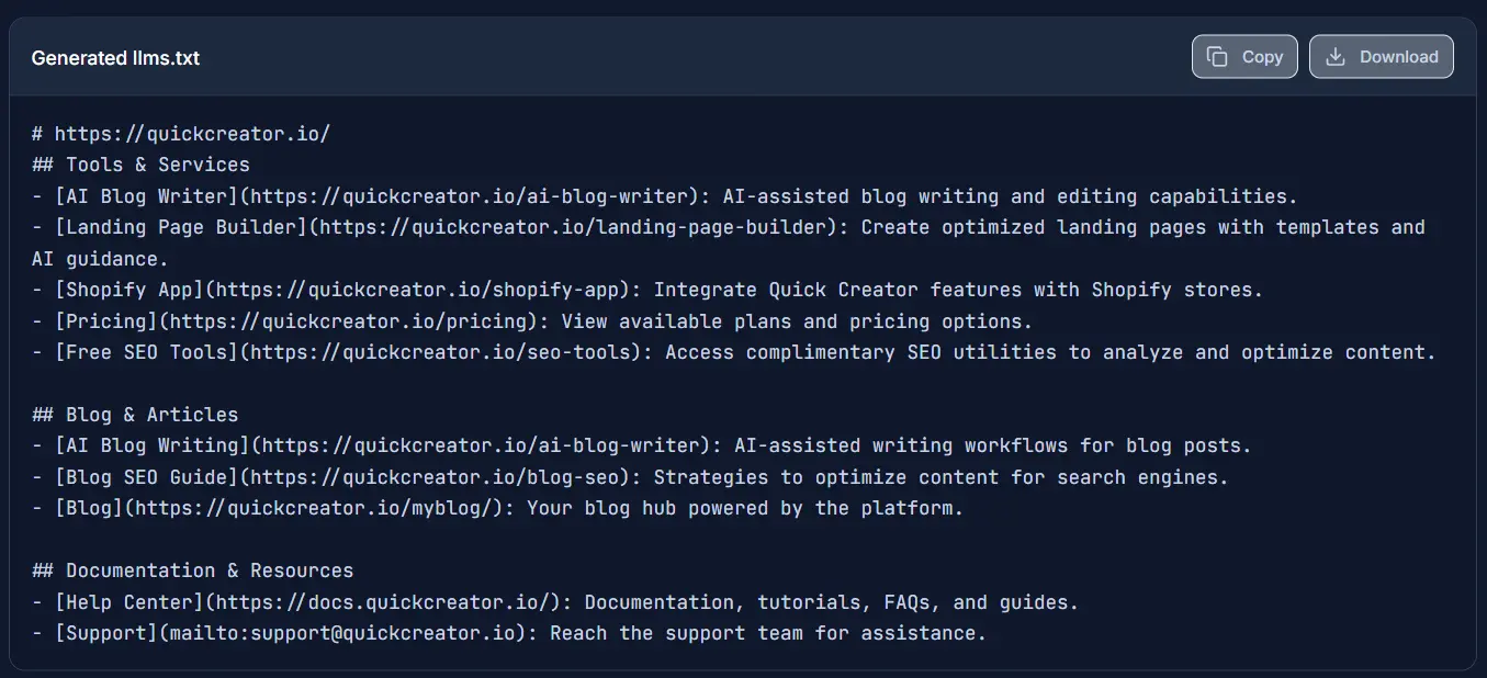 Generated LLMS.txt result
